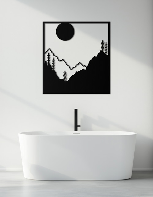 Load image into Gallery viewer, Moonlit Mountain Landscape Metal Wall Art – Modern Square Forest Scene Silhouette for Rustic Nature Decor- KAF346
