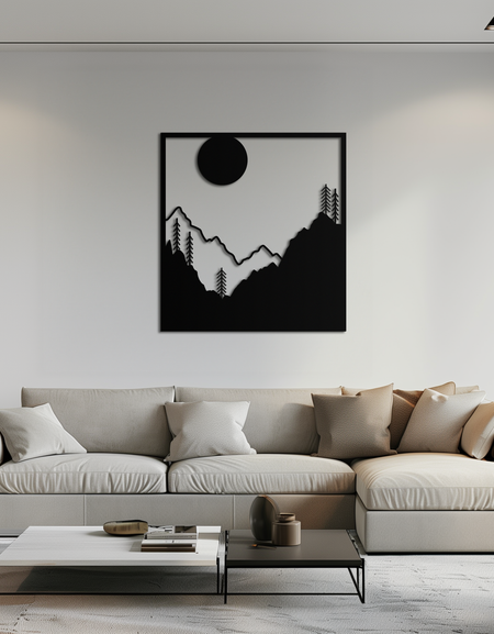 Ay Işığında Dağ Manzarası Metal Duvar Sanatı – Rustik Doğa Dekoru İçin Modern Kare Orman Sahnesi Silüeti - KAF346