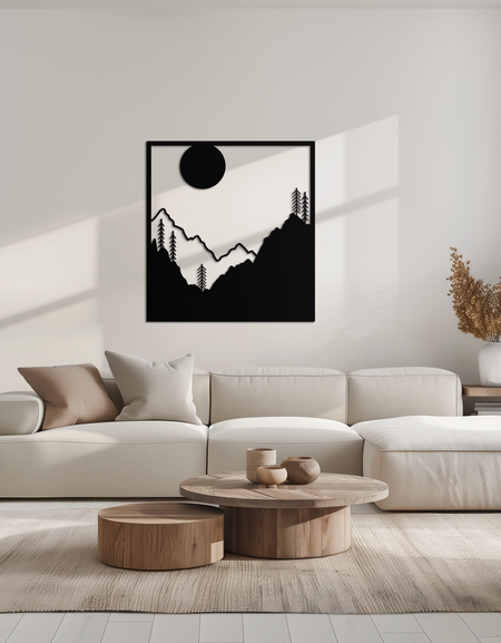 Ay Işığında Dağ Manzarası Metal Duvar Sanatı – Rustik Doğa Dekoru İçin Modern Kare Orman Sahnesi Silüeti - KAF346