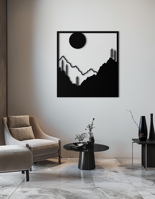 Load image into Gallery viewer, Moonlit Mountain Landscape Metal Wall Art – Modern Square Forest Scene Silhouette for Rustic Nature Decor- KAF346
