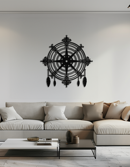 Süslü Pusula Gül Metal Duvar Sanatı – Denizci ve Boho Dekoru için Tüylü Dekoratif Mat Siyah Çelik - KAF347