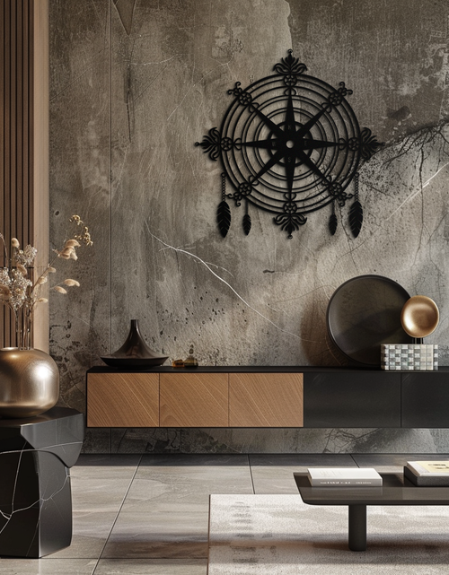 Resmi Galeri görüntüleyicisine yükleyin, Süslü Pusula Gül Metal Duvar Sanatı – Denizci ve Boho Dekoru için Tüylü Dekoratif Mat Siyah Çelik - KAF347
