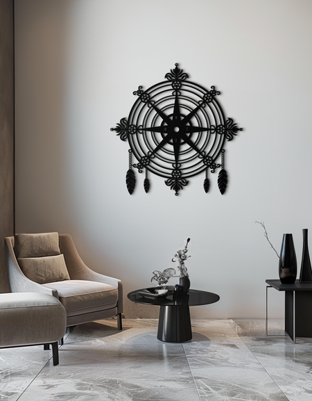 Süslü Pusula Gül Metal Duvar Sanatı – Denizci ve Boho Dekoru için Tüylü Dekoratif Mat Siyah Çelik - KAF347