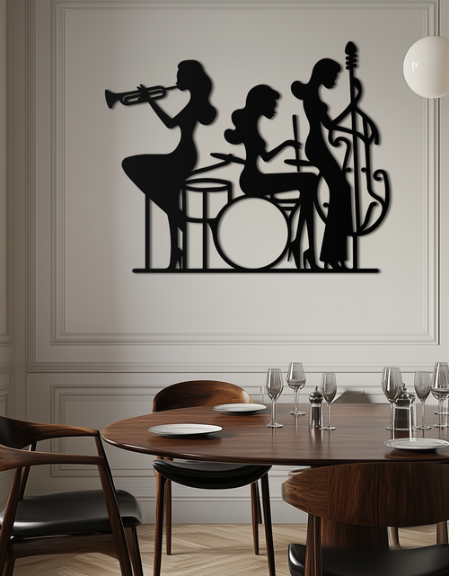 Load image into Gallery viewer, Jazz Trio Women Metal Wall Art – Musical Female Silhouette Band Playing Instruments in Black Steel- KAF349

