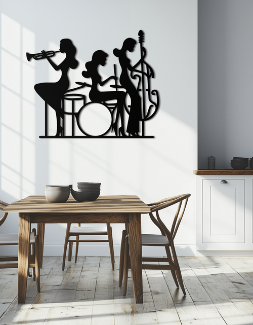 Load image into Gallery viewer, Jazz Trio Women Metal Wall Art – Musical Female Silhouette Band Playing Instruments in Black Steel- KAF349
