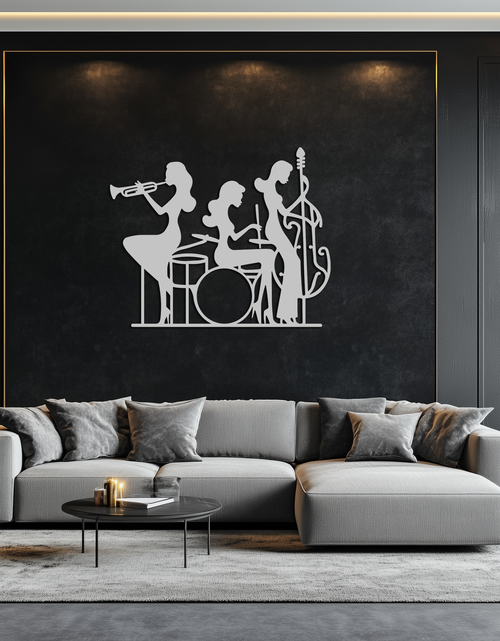Load image into Gallery viewer, Jazz Trio Women Metal Wall Art – Musical Female Silhouette Band Playing Instruments in Black Steel- KAF349
