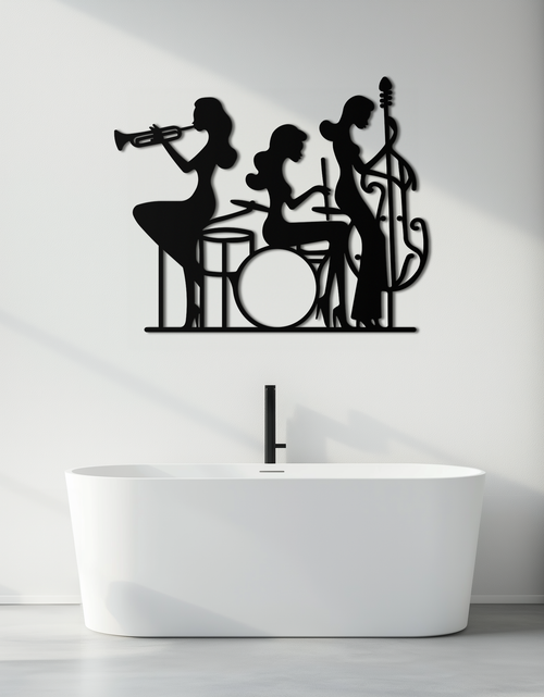 Load image into Gallery viewer, Jazz Trio Women Metal Wall Art – Musical Female Silhouette Band Playing Instruments in Black Steel- KAF349
