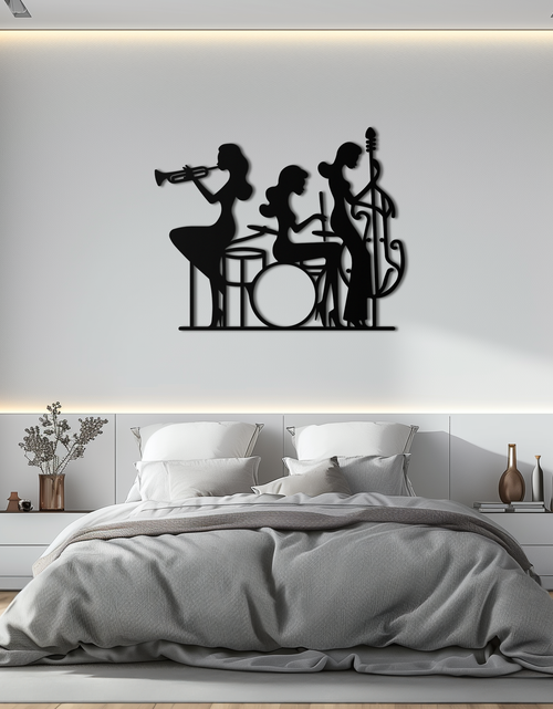 Load image into Gallery viewer, Jazz Trio Women Metal Wall Art – Musical Female Silhouette Band Playing Instruments in Black Steel- KAF349
