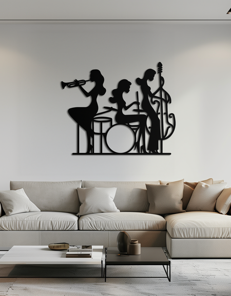 Jazz Trio Kadın Metal Duvar Sanatı – Siyah Çelikte Enstrüman Çalan Müzikal Kadın Silüeti Grubu- KAF349