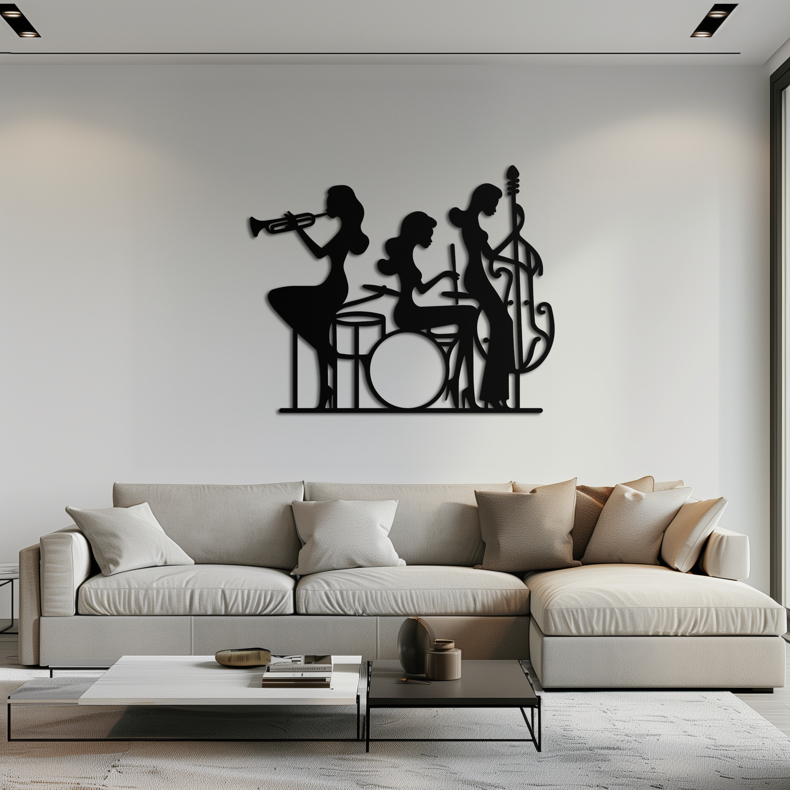 Jazz Trio Women Metal Wall Art – Musical Female Silhouette Band Playing Instruments in Black Steel- KAF349