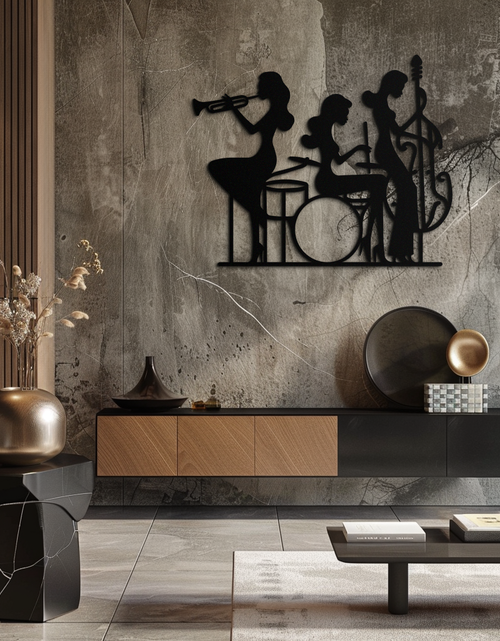 Load image into Gallery viewer, Jazz Trio Women Metal Wall Art – Musical Female Silhouette Band Playing Instruments in Black Steel- KAF349
