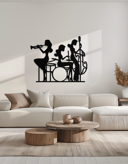 Jazz Trio Kadın Metal Duvar Sanatı – Siyah Çelikte Enstrüman Çalan Müzikal Kadın Silüeti Grubu- KAF349