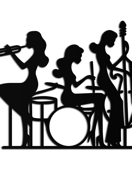 Load image into Gallery viewer, Jazz Trio Women Metal Wall Art – Musical Female Silhouette Band Playing Instruments in Black Steel- KAF349
