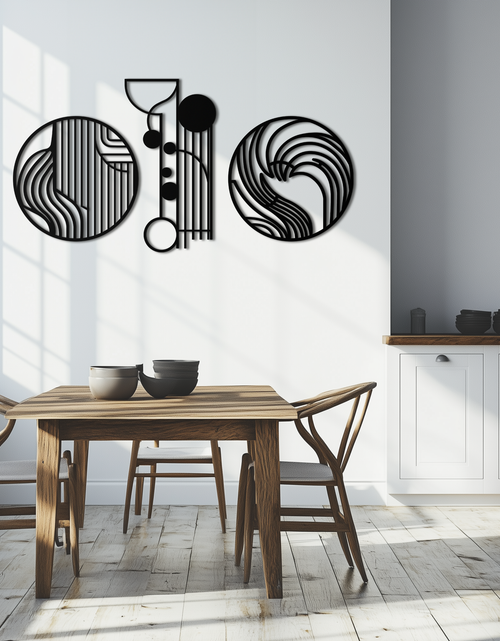 Resmi Galeri görüntüleyicisine yükleyin, Soyut Geometrik Üçlü Metal Duvar Sanatı – Modern Daire ve Çizgi Desenli Minimalist Çelik Dekor Seti- KAF351
