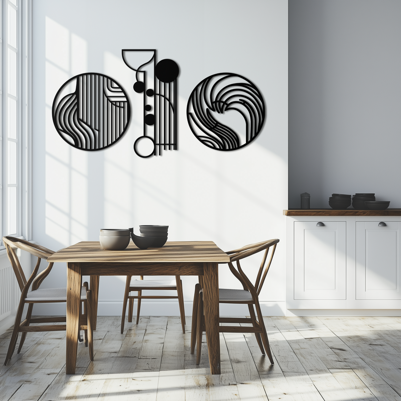 Soyut Geometrik Üçlü Metal Duvar Sanatı – Modern Daire ve Çizgi Desenli Minimalist Çelik Dekor Seti- KAF351