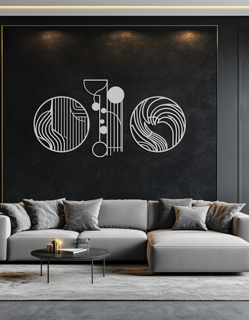 Resmi Galeri görüntüleyicisine yükleyin, Soyut Geometrik Üçlü Metal Duvar Sanatı – Modern Daire ve Çizgi Desenli Minimalist Çelik Dekor Seti- KAF351
