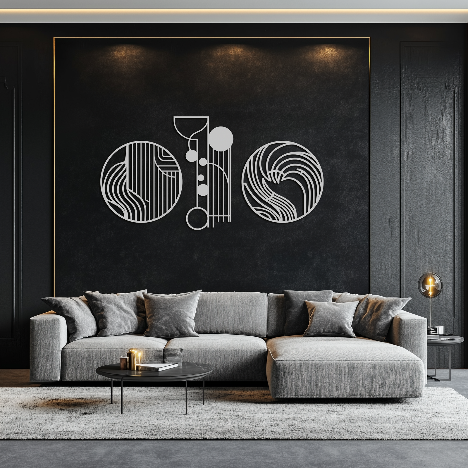 Soyut Geometrik Üçlü Metal Duvar Sanatı – Modern Daire ve Çizgi Desenli Minimalist Çelik Dekor Seti- KAF351