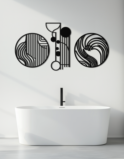 Resmi Galeri görüntüleyicisine yükleyin, Soyut Geometrik Üçlü Metal Duvar Sanatı – Modern Daire ve Çizgi Desenli Minimalist Çelik Dekor Seti- KAF351
