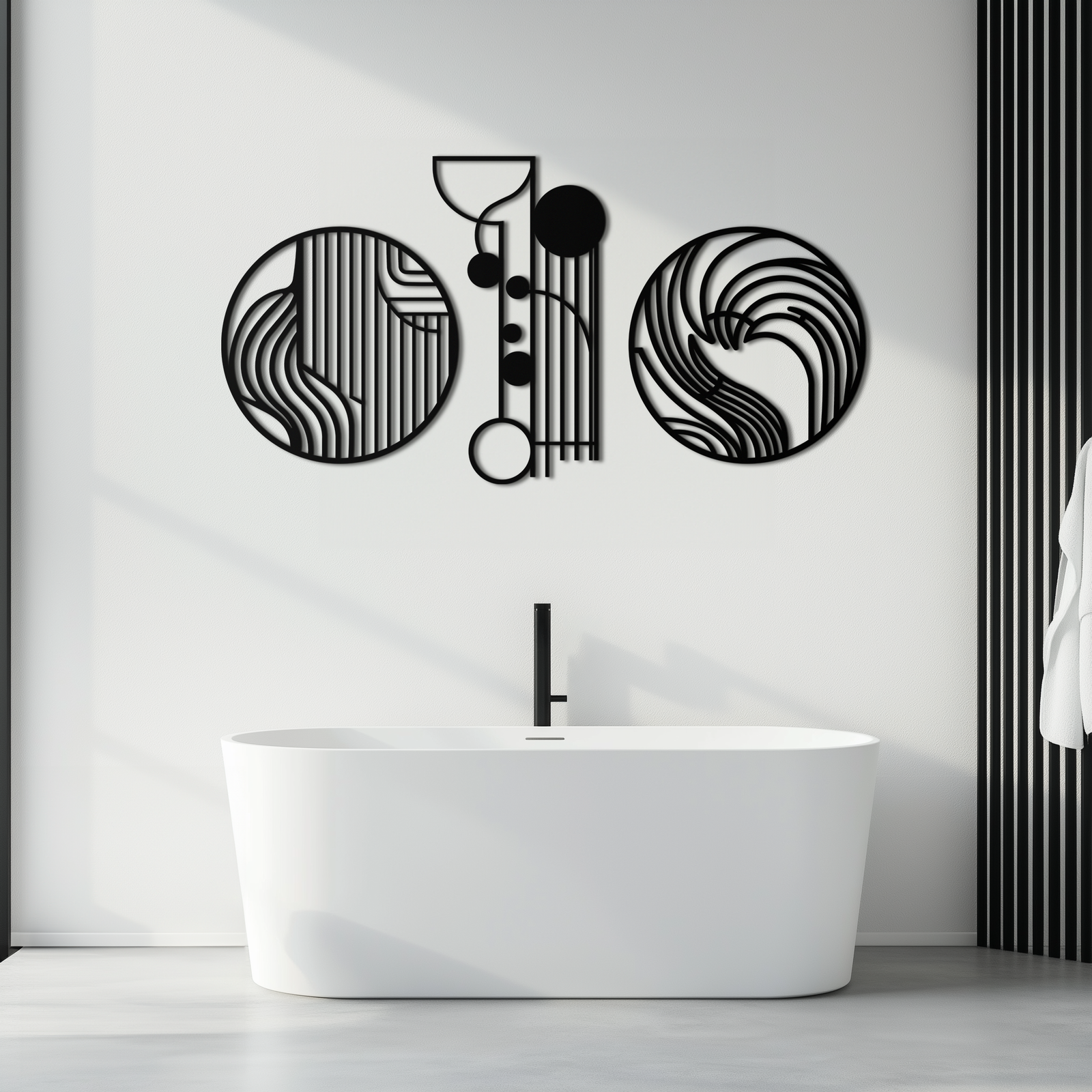 Soyut Geometrik Üçlü Metal Duvar Sanatı – Modern Daire ve Çizgi Desenli Minimalist Çelik Dekor Seti- KAF351