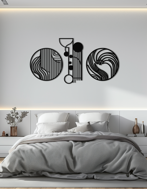 Resmi Galeri görüntüleyicisine yükleyin, Soyut Geometrik Üçlü Metal Duvar Sanatı – Modern Daire ve Çizgi Desenli Minimalist Çelik Dekor Seti- KAF351
