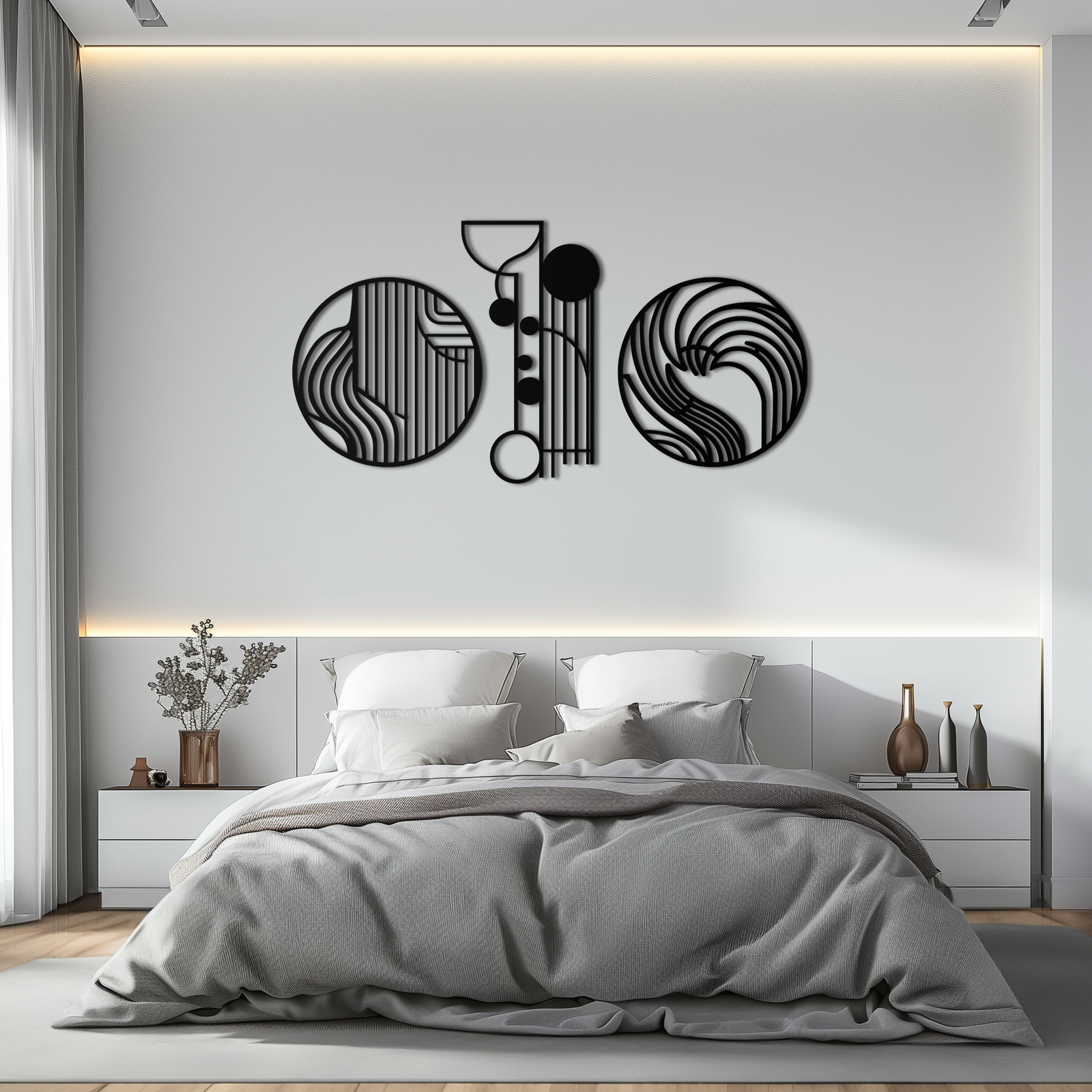 Soyut Geometrik Üçlü Metal Duvar Sanatı – Modern Daire ve Çizgi Desenli Minimalist Çelik Dekor Seti- KAF351