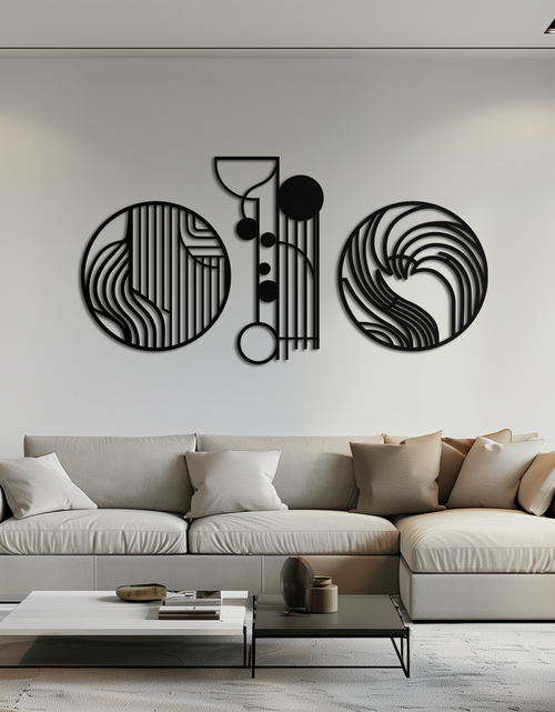 Resmi Galeri görüntüleyicisine yükleyin, Soyut Geometrik Üçlü Metal Duvar Sanatı – Modern Daire ve Çizgi Desenli Minimalist Çelik Dekor Seti- KAF351
