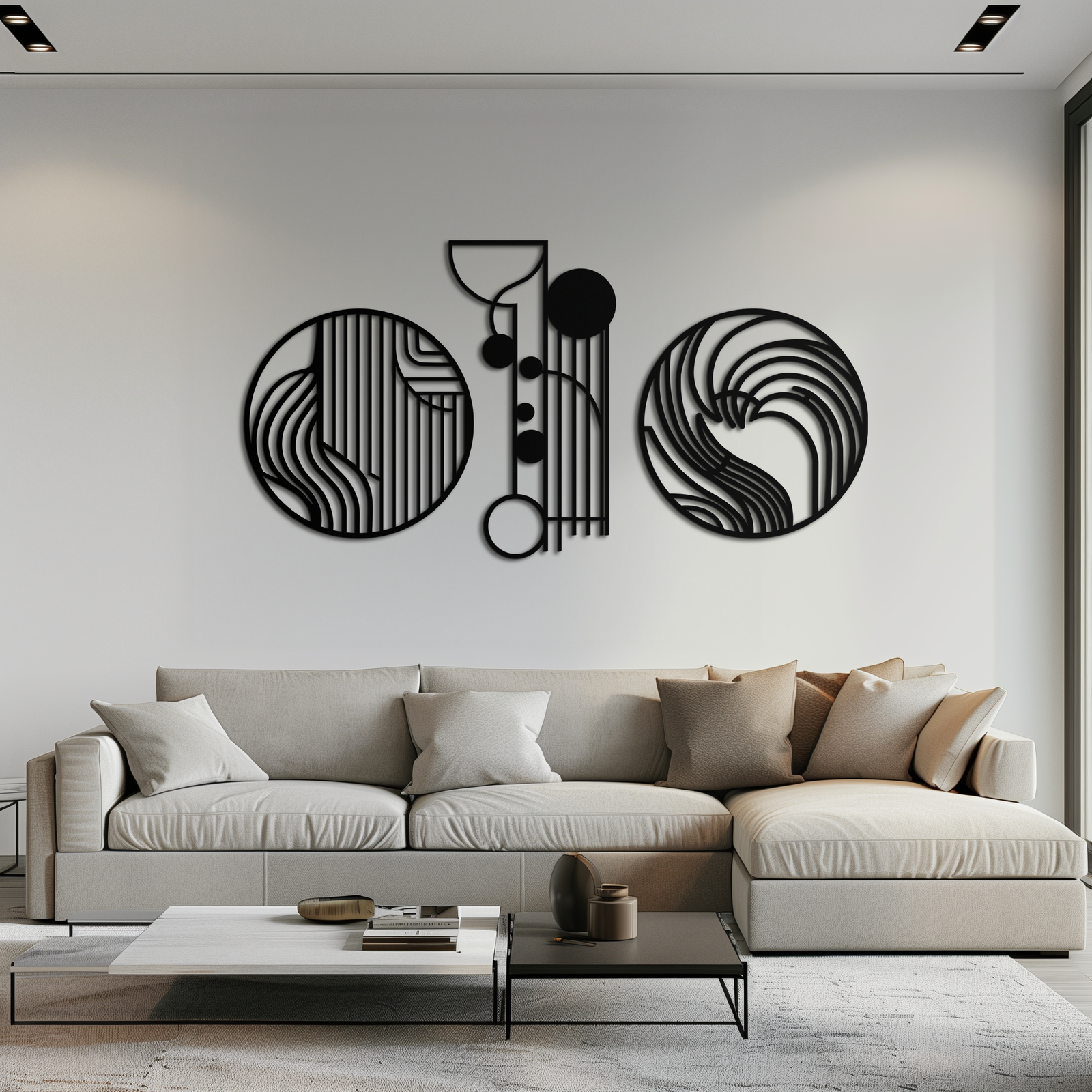 Soyut Geometrik Üçlü Metal Duvar Sanatı – Modern Daire ve Çizgi Desenli Minimalist Çelik Dekor Seti- KAF351