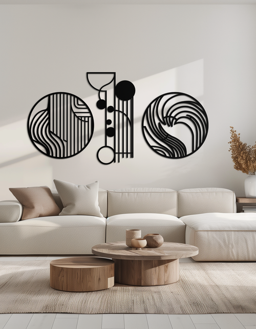 Resmi Galeri görüntüleyicisine yükleyin, Soyut Geometrik Üçlü Metal Duvar Sanatı – Modern Daire ve Çizgi Desenli Minimalist Çelik Dekor Seti- KAF351
