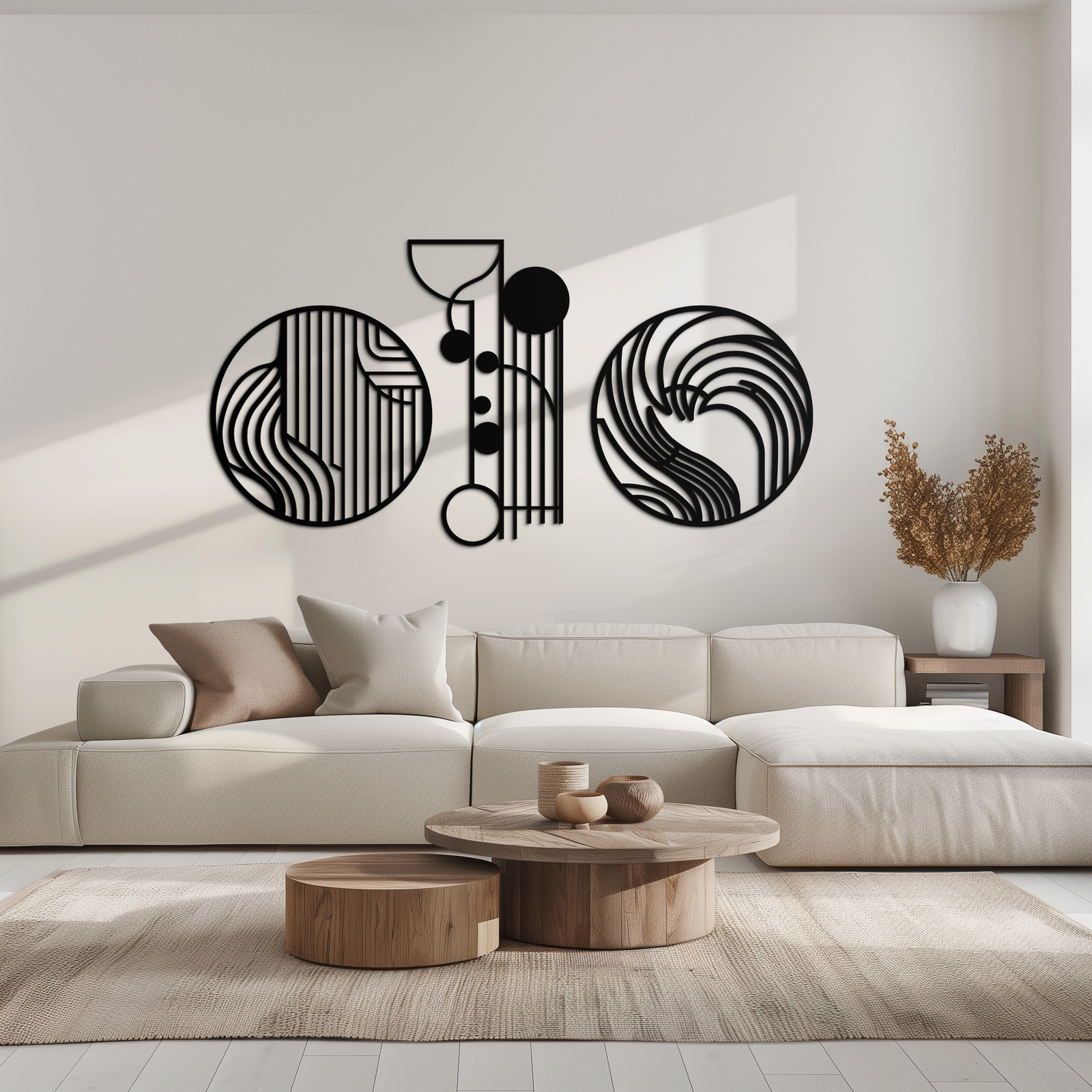 Soyut Geometrik Üçlü Metal Duvar Sanatı – Modern Daire ve Çizgi Desenli Minimalist Çelik Dekor Seti- KAF351