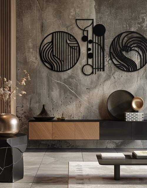 Resmi Galeri görüntüleyicisine yükleyin, Soyut Geometrik Üçlü Metal Duvar Sanatı – Modern Daire ve Çizgi Desenli Minimalist Çelik Dekor Seti- KAF351
