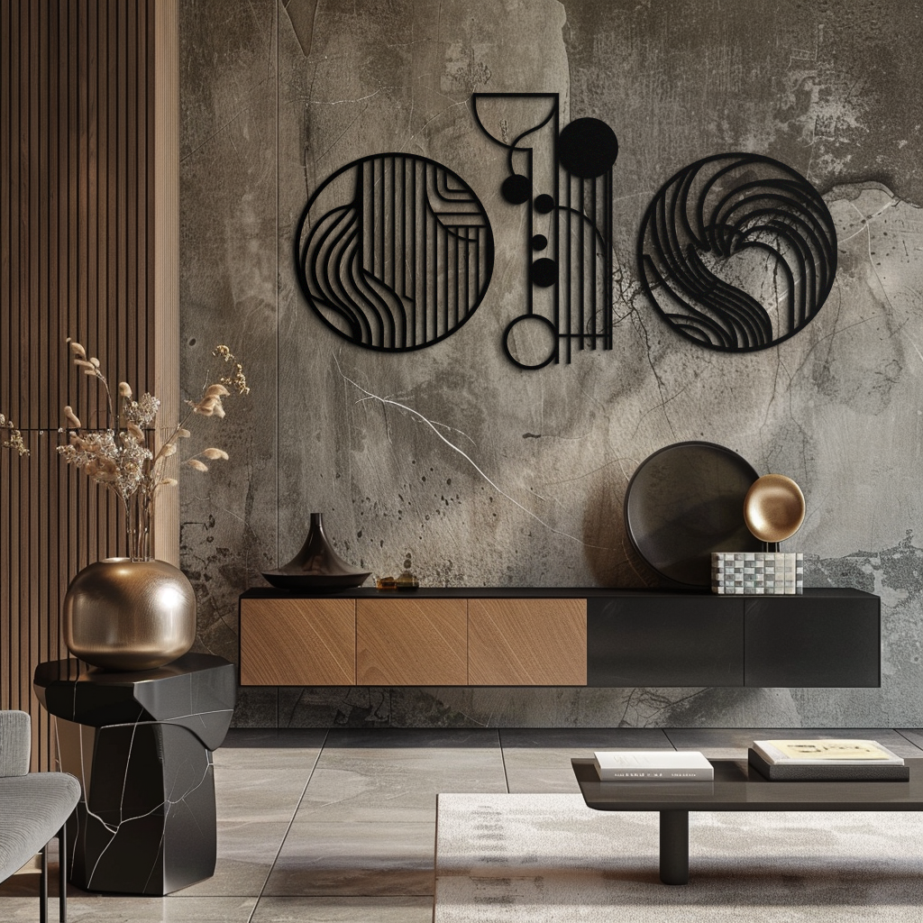 Soyut Geometrik Üçlü Metal Duvar Sanatı – Modern Daire ve Çizgi Desenli Minimalist Çelik Dekor Seti- KAF351