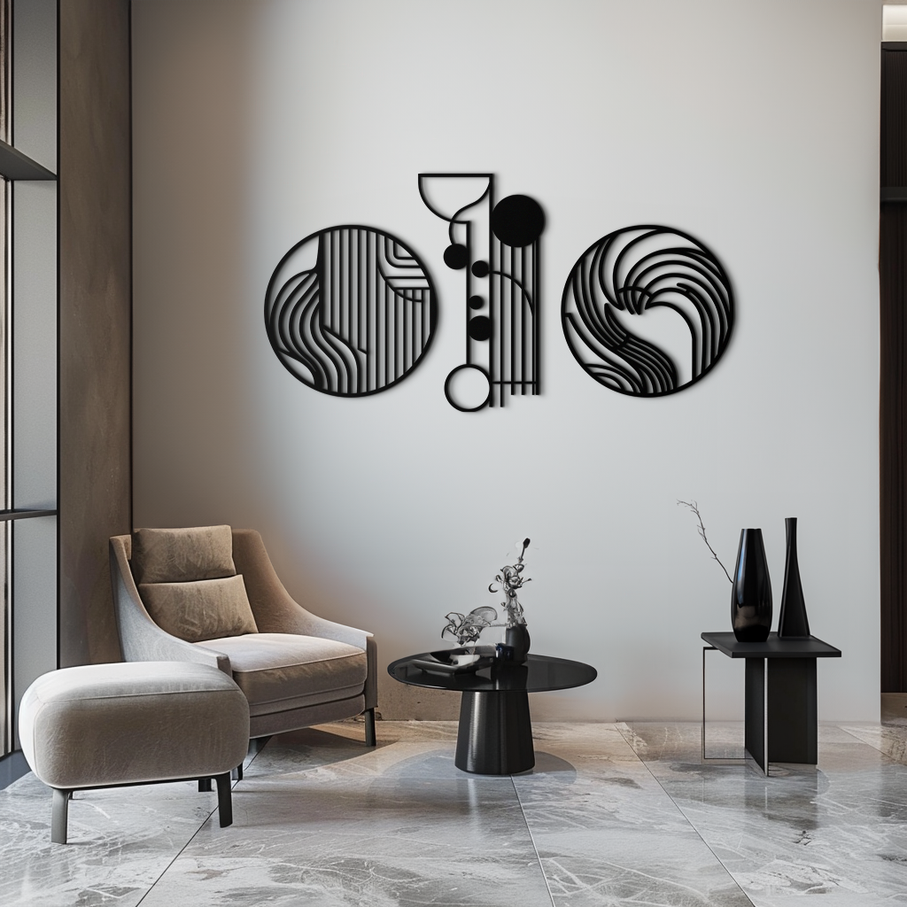 Soyut Geometrik Üçlü Metal Duvar Sanatı – Modern Daire ve Çizgi Desenli Minimalist Çelik Dekor Seti- KAF351
