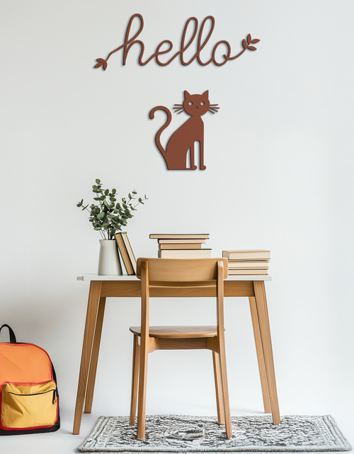 Load image into Gallery viewer, Hello Cat Metal Wall Art – Whimsical Welcome Sign with Cat Silhouette for Entryway or Living Room- KAF352

