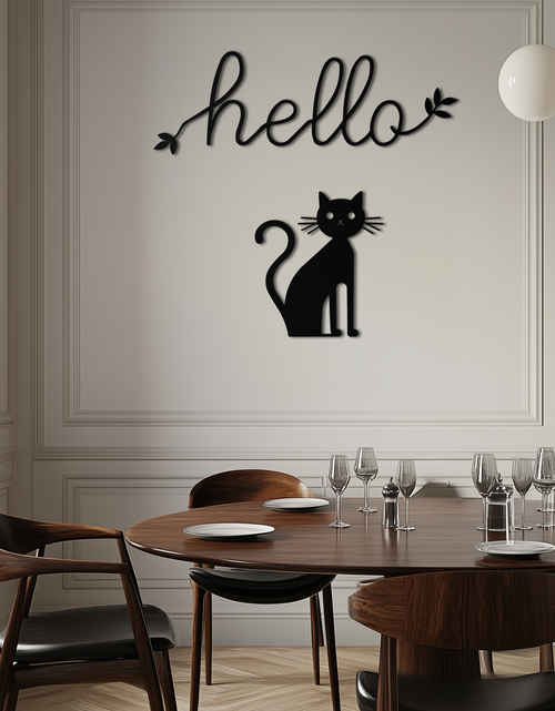 Load image into Gallery viewer, Hello Cat Metal Wall Art – Whimsical Welcome Sign with Cat Silhouette for Entryway or Living Room- KAF352
