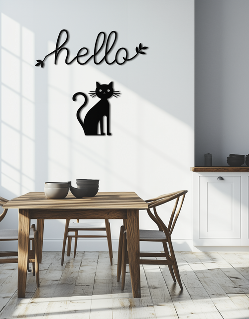 Load image into Gallery viewer, Hello Cat Metal Wall Art – Whimsical Welcome Sign with Cat Silhouette for Entryway or Living Room- KAF352
