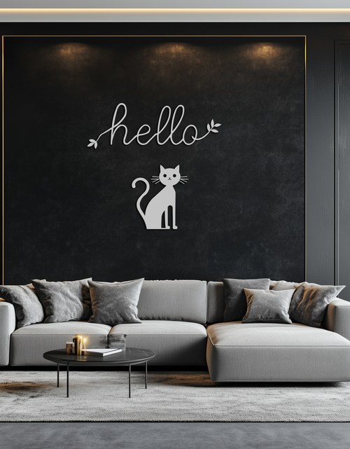 Load image into Gallery viewer, Hello Cat Metal Wall Art – Whimsical Welcome Sign with Cat Silhouette for Entryway or Living Room- KAF352
