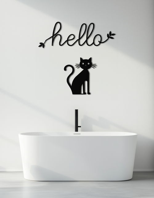 Load image into Gallery viewer, Hello Cat Metal Wall Art – Whimsical Welcome Sign with Cat Silhouette for Entryway or Living Room- KAF352

