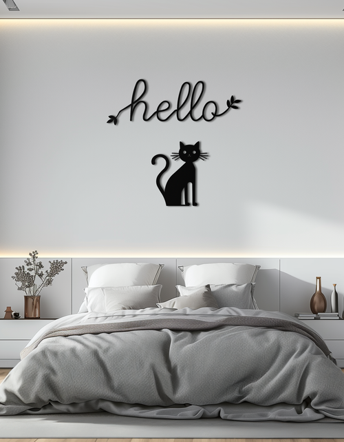 Load image into Gallery viewer, Hello Cat Metal Wall Art – Whimsical Welcome Sign with Cat Silhouette for Entryway or Living Room- KAF352
