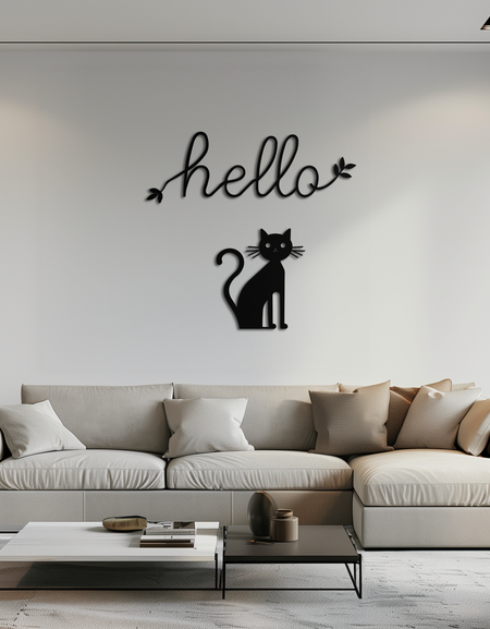 Hello Cat Metal Duvar Sanatı – Giriş veya Oturma Odası için Kedi Silüetli Tuhaf Hoş Geldiniz Tabelası - KAF352