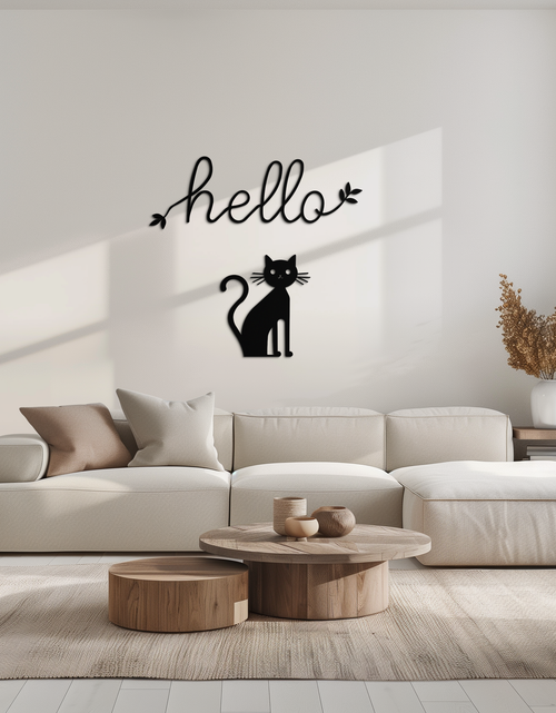 Load image into Gallery viewer, Hello Cat Metal Wall Art – Whimsical Welcome Sign with Cat Silhouette for Entryway or Living Room- KAF352
