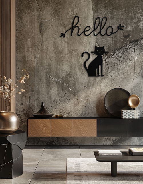 Load image into Gallery viewer, Hello Cat Metal Wall Art – Whimsical Welcome Sign with Cat Silhouette for Entryway or Living Room- KAF352
