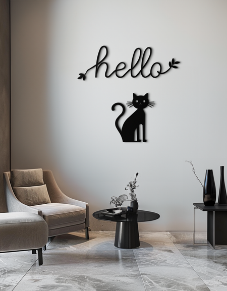 Hello Cat Metal Duvar Sanatı – Giriş veya Oturma Odası için Kedi Silüetli Tuhaf Hoş Geldiniz Tabelası - KAF352