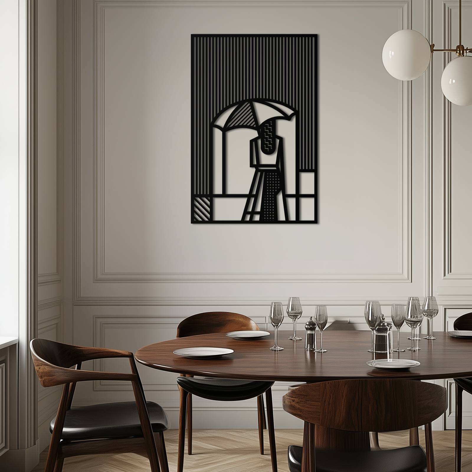Woman with Umbrella Abstract Metal Wall Art – Modern Rainy Day Silhouette Steel Decor- KAF354