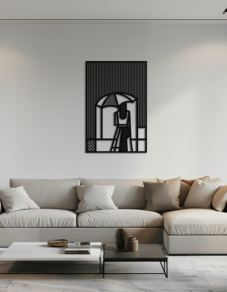 Şemsiyeli Kadın Soyut Metal Duvar Sanatı – Modern Yağmurlu Gün Silüeti Çelik Dekor- KAF354 