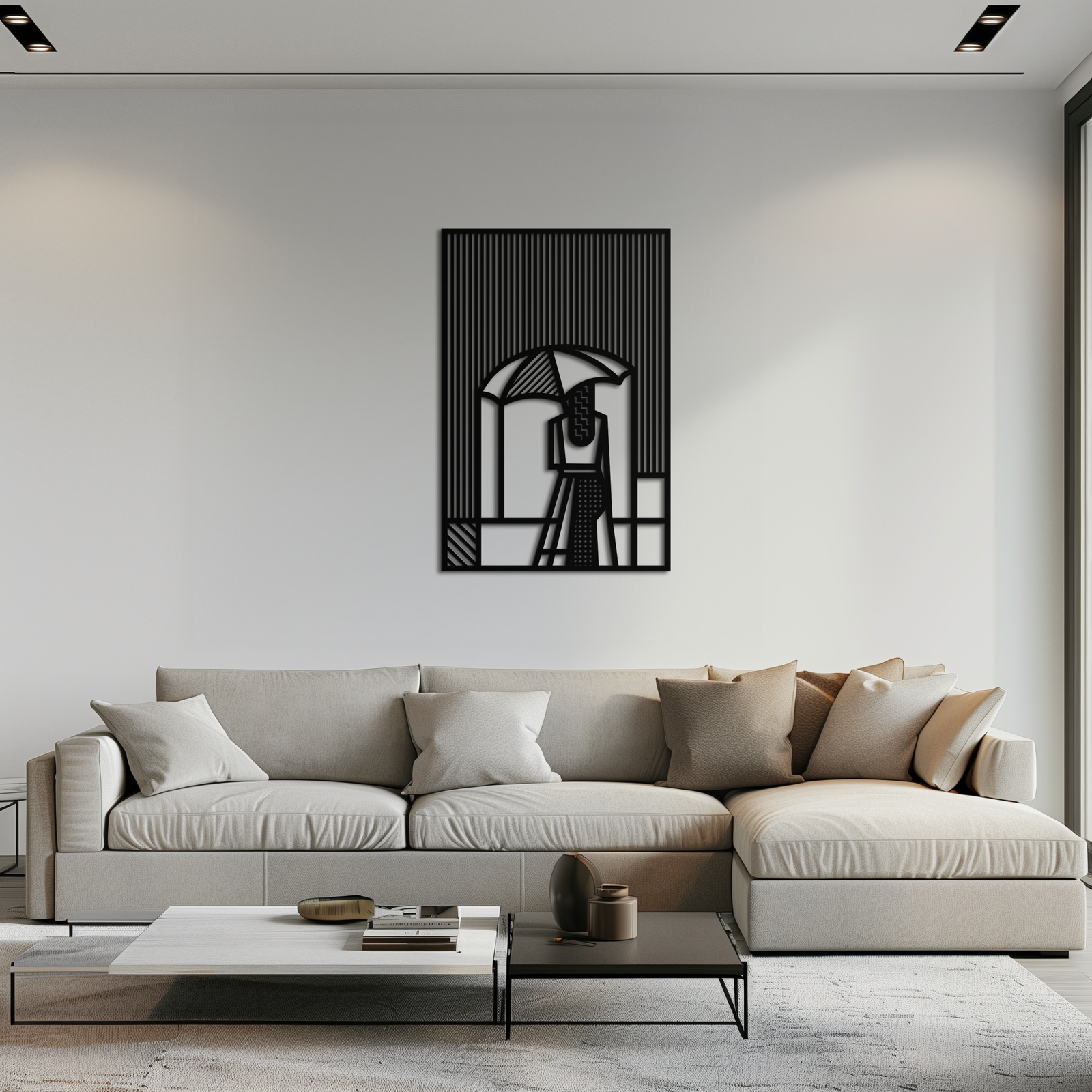 Woman with Umbrella Abstract Metal Wall Art – Modern Rainy Day Silhouette Steel Decor- KAF354