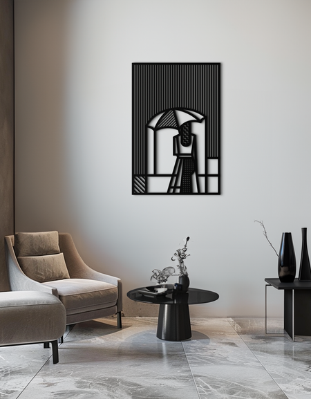 Şemsiyeli Kadın Soyut Metal Duvar Sanatı – Modern Yağmurlu Gün Silüeti Çelik Dekor- KAF354 