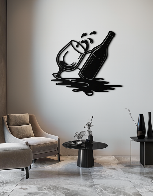 Load image into Gallery viewer, Wine Bottle and Glass Metal Wall Art – Modern Bar Decor with Splash Effect for Kitchen or Lounge Spaces- KAF356
