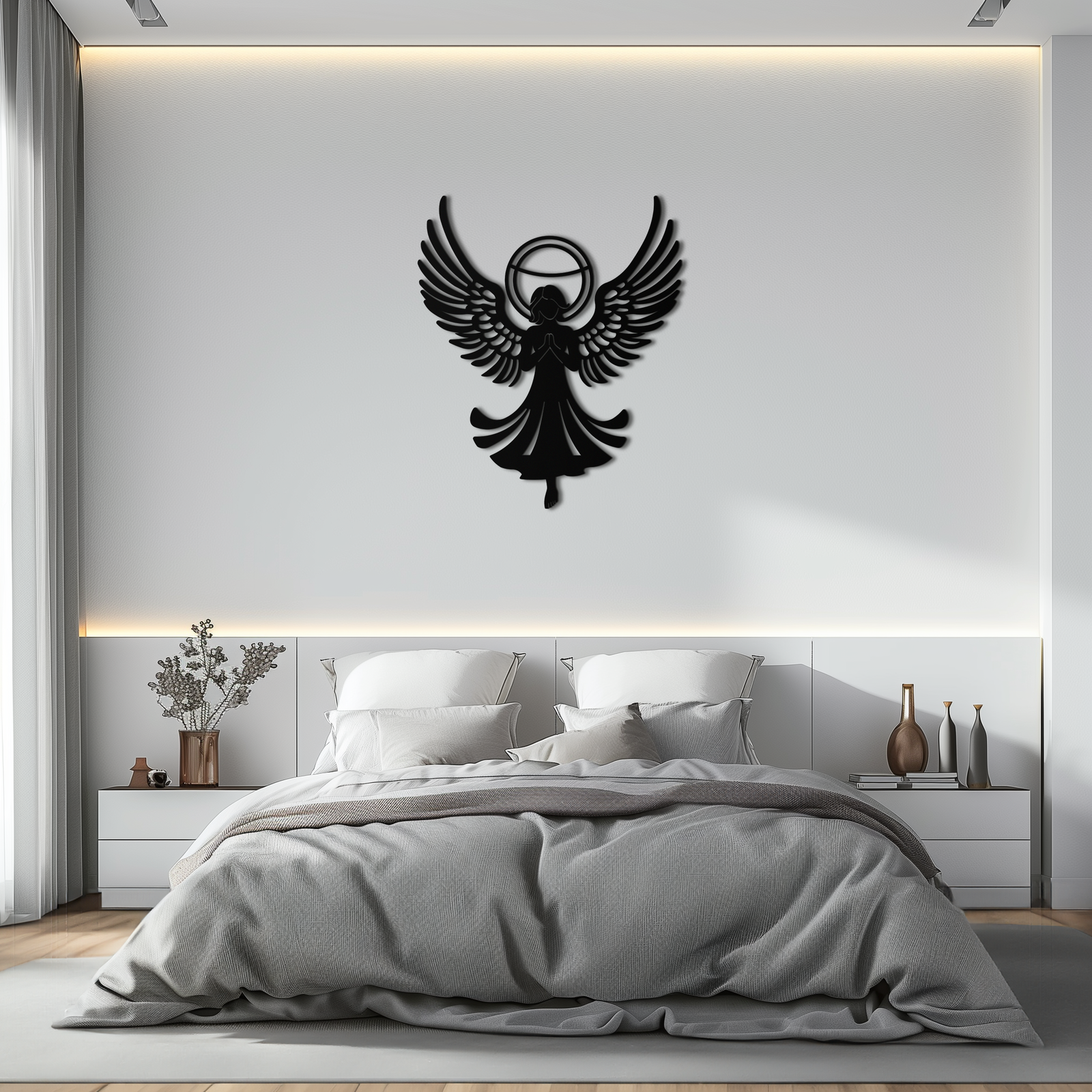 Guardian Angel Metal Wall Art – Spiritual Angel Silhouette with Halo for Home Blessing Decor- KAF359