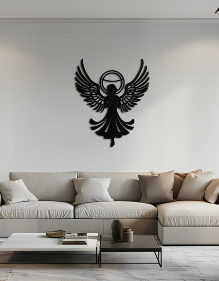 Koruyucu Melek Metal Duvar Sanatı – Ev Kutsaması Dekoru için Halolu Manevi Melek Silüeti - KAF359