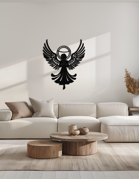 Koruyucu Melek Metal Duvar Sanatı – Ev Kutsaması Dekoru için Halolu Manevi Melek Silüeti - KAF359